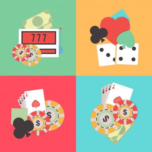Neljä kuvaa, joissa pelimerkkien maita, pelikortteja, noppia ja pelimerkkejä